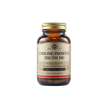 Solgar Choline 250 mg / Inositol 250 mg comes in a bottle of 50 vegetable capsules, suitable for vegans and free from sugar, salt, and starch, designed to support the nervous system.